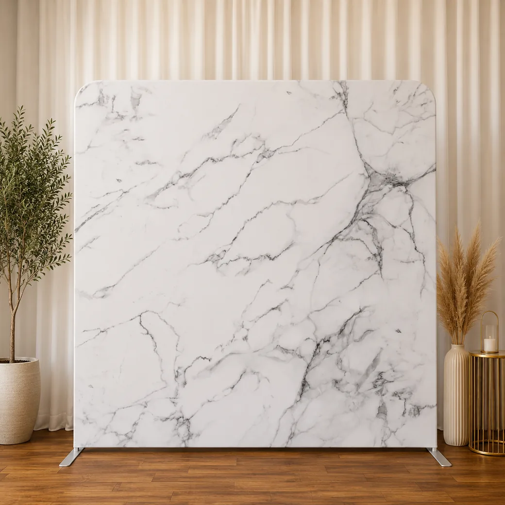 Marble-pattern tension-fabric photo booth backdrop
