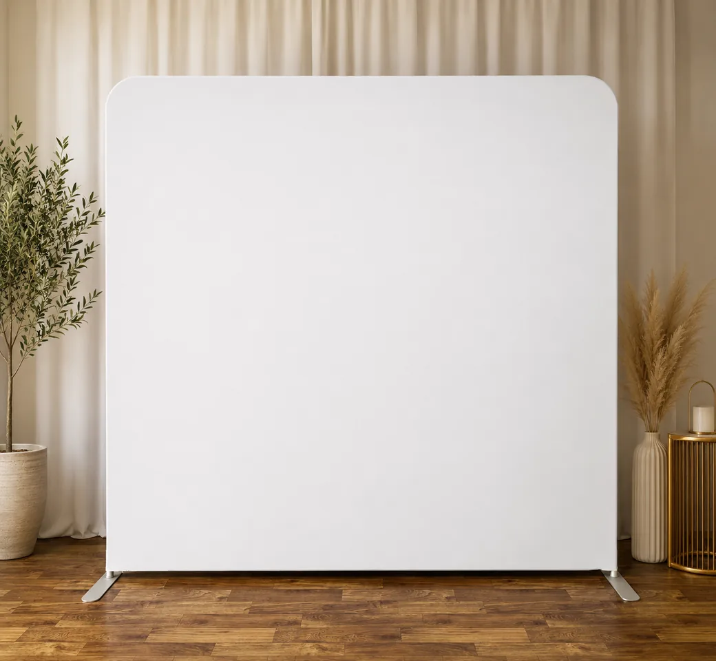Clean white tension-fabric photo booth backdrop